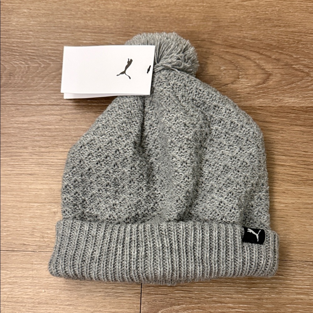 Puma Light Gray Knit Pom Cuffed Beanie